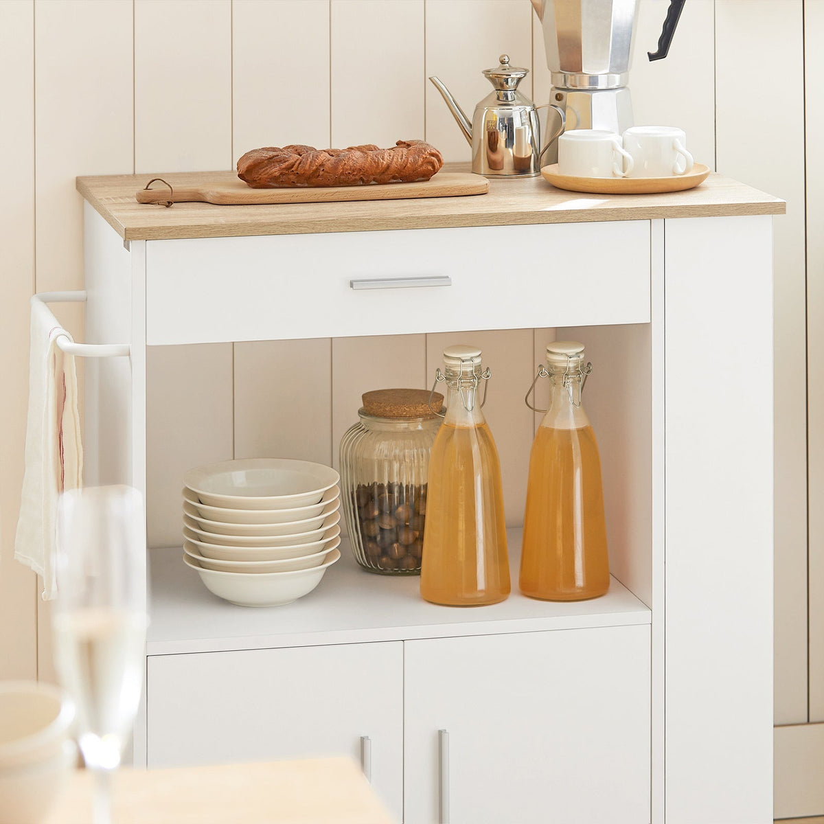 SoBuy Chariot de cuisine avec 1 tiroir, 2 portes et 3 étagères de rangement - Max. 75KG - 75 x 46 x 83 cm - Blanc