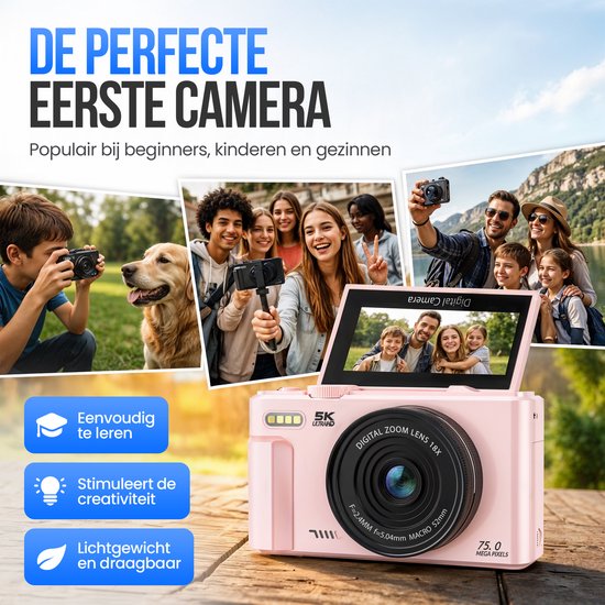 Appareil photo numérique Strex 5K 75 MP - Appareil photo - Appareil photo compact avec Wi-Fi - Appareil photo pour vlog - Appareil photo pour enfants - Zoom 18x - Écran orientable - Rose