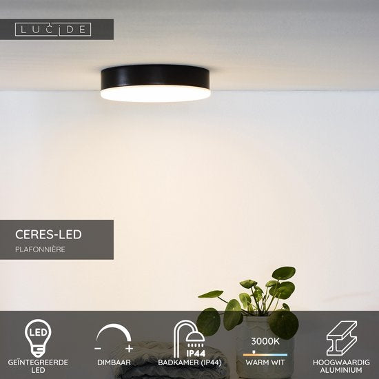 Lucide CERES-LED - Plafonnier (lampe de plafond) pour salle de bains - Ø 21,5 cm - LED à intensité variable - 1x30 W 3000 K - IP44 - Noir