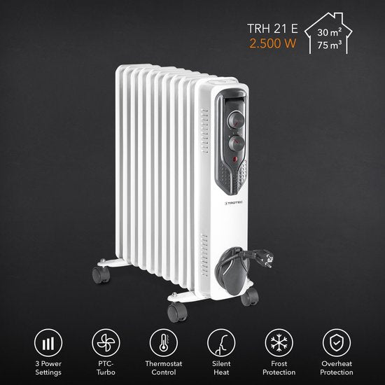 TROTEC Radiateur électrique à bain d'huile TRH 21 E - 3 niveaux de température - 8 minutes de chauffe - fonction antigel
