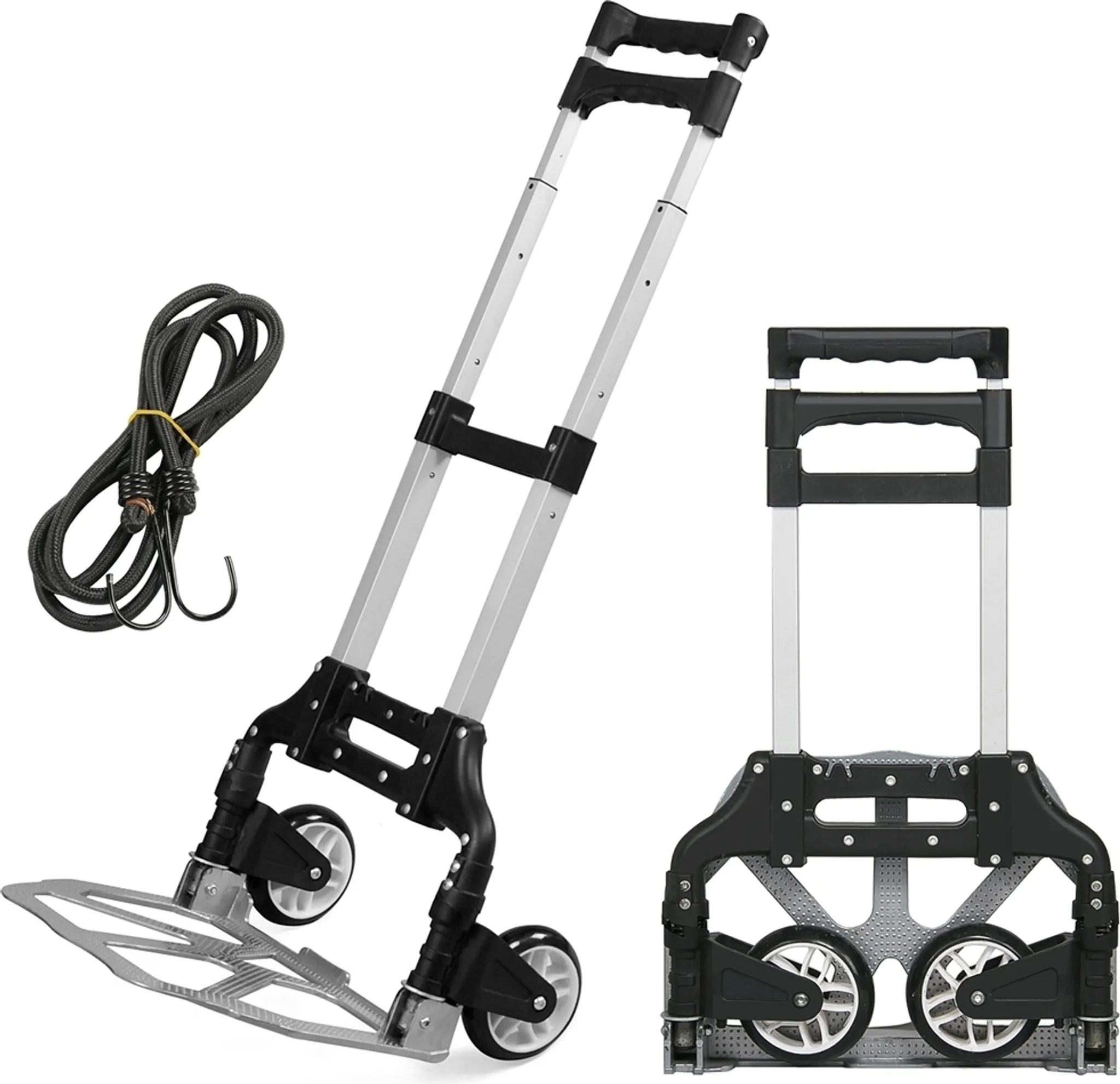 Yaheetech Chariot pliable 75 kg - équipé d'une poignée télescopique, de roues en caoutchouc et d'un câble de tension - pour le transport et le déménagement - aluminium et plastique noir et argent - 39,5 x 39,5 x 100 cm