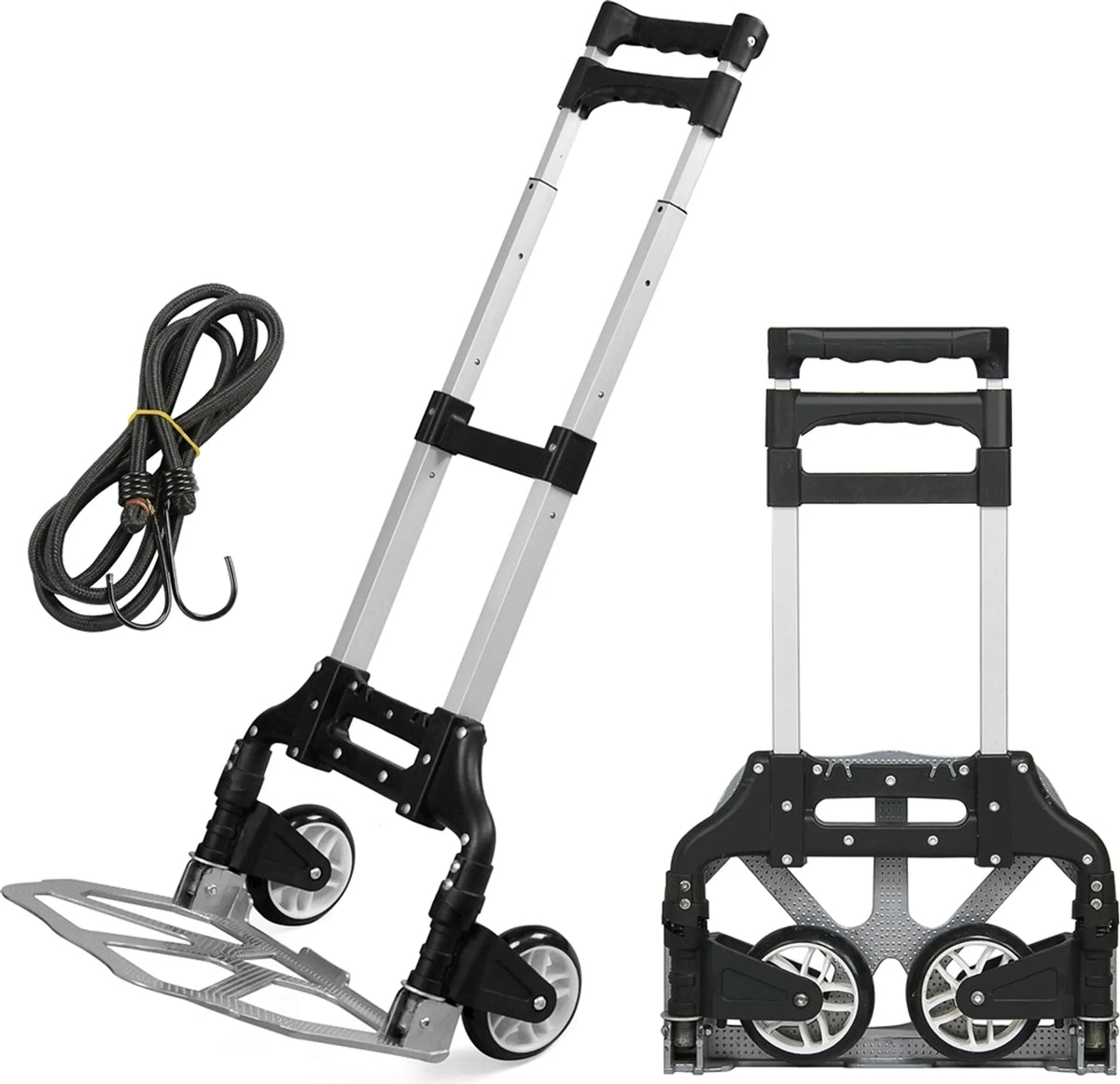 Yaheetech Chariot pliable 75 kg - équipé d'une poignée télescopique, de roues en caoutchouc et d'un câble de tension - pour le transport et le déménagement - aluminium et plastique noir et argent - 39,5 x 39,5 x 100 cm