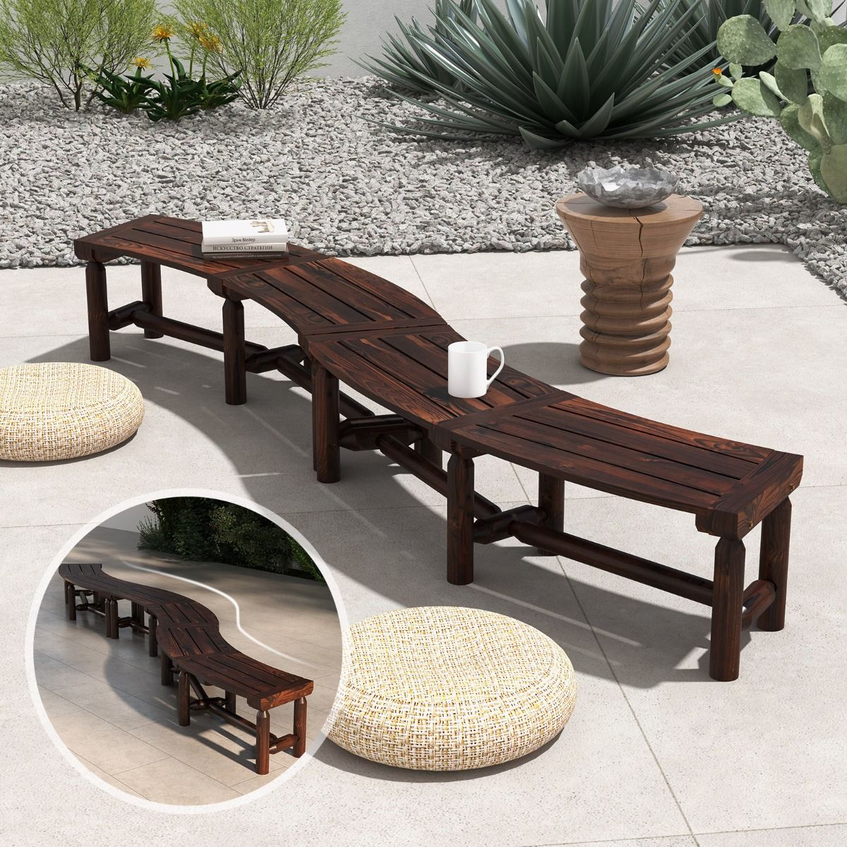 Banc de jardin Coast sans dossier - design incurvé - 2-3 places - marron rustique 139 x 36 x 41 cm