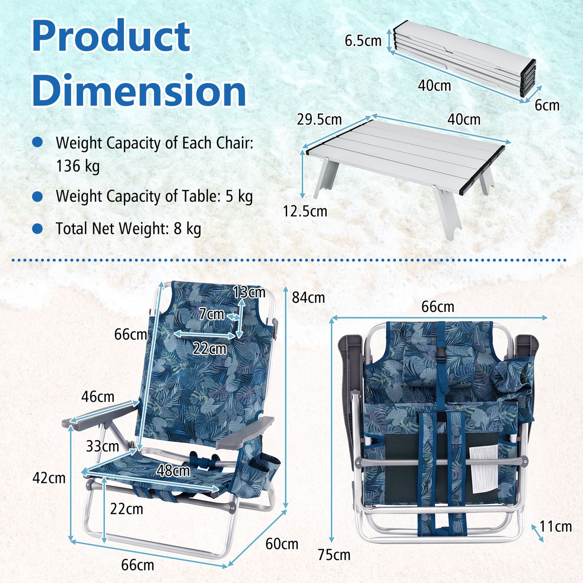 Ensemble de chaises de plage et de table Coast - Réglables sur 5 positions - Pliables - Bleu - Lot de 2 chaises de plage et d'une table