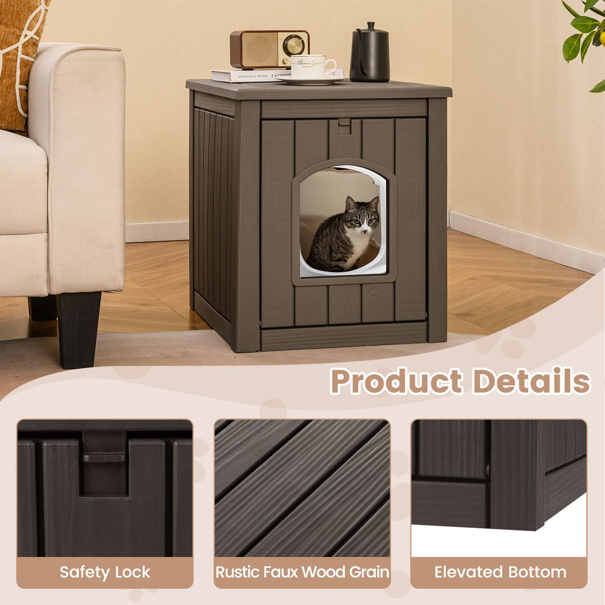 Maison pour chat Coast pour l'intérieur et l'extérieur - Meuble-litière dissimulé - Porte battante à l'avant - Noir et marron clair