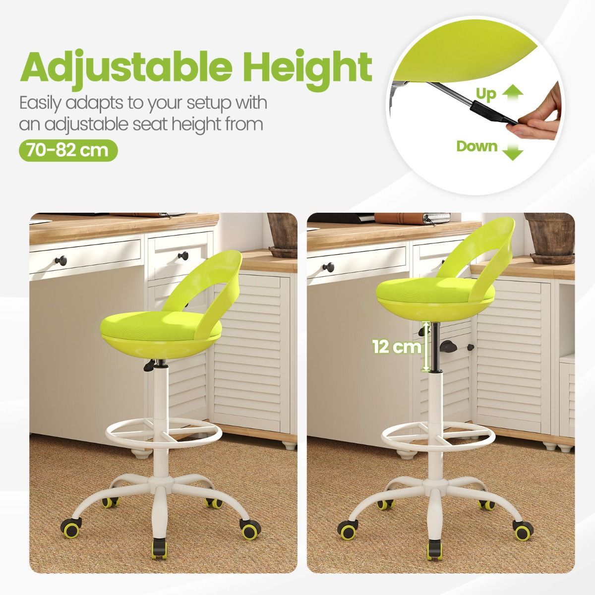 Chaise de travail réglable Coast avec roulettes - Tabouret pivotant ergonomique - Assise en similicuir - Vert