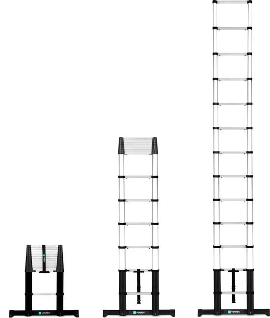 Échelle télescopique VONROC PRO - 3,80 mètres - conforme aux normes de sécurité de l'UE et des Pays-Bas - fermeture en douceur - supports muraux et barre transversale intégrés pour une meilleure prise en main et une plus grande sécurité