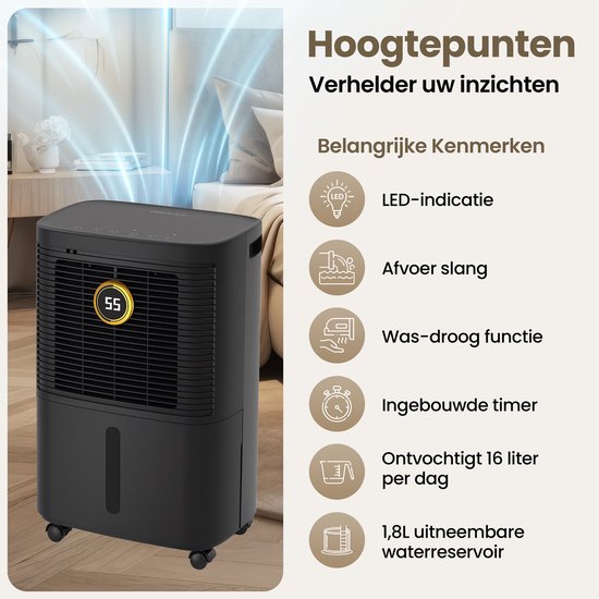 Déshumidificateur Komodo - 16 L par jour - Chambre, salle de bains, maison et cave - Déshumidificateur - Fonction de séchage du linge - Prévient la formation de moisissures - Komodo