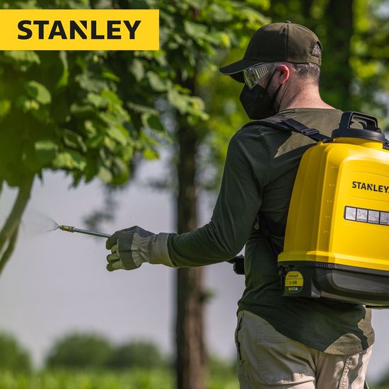 Pulvérisateur à pression Stanley 12 L arrière, pulvérisateur arrière jardin, pulvérisateur à pression, électrique, batterie rechargeable lithium, lance télescopique, buse réglable, autonomie 2 h, max 5 bar, 0.60 l/minute, jaune/noir