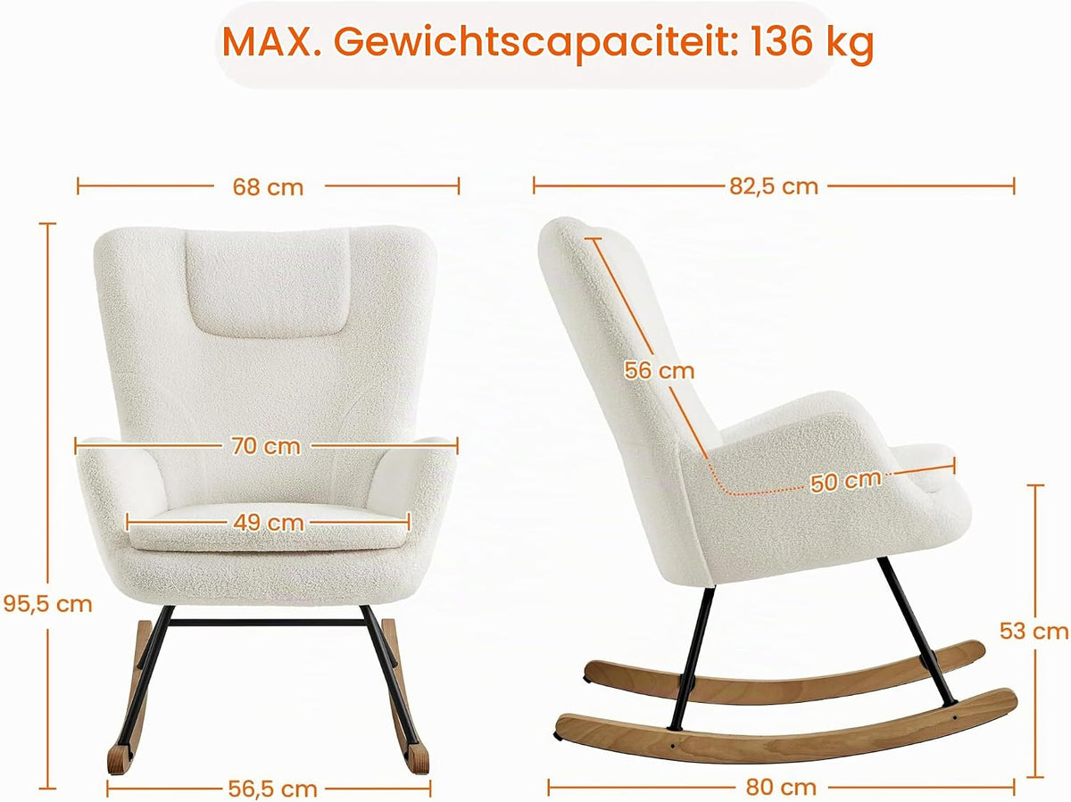 Fauteuil à bascule Yaheetech Boucle blanc avec dossier rabattable - 82,5 x 70 x 95,5 cm