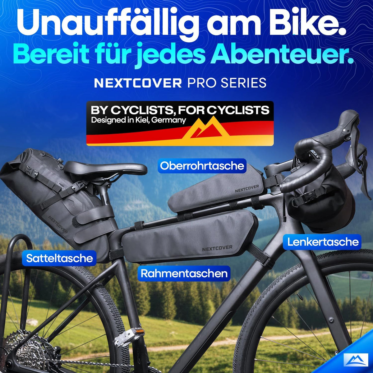 Sacoche de tube supérieur Nextcover® Bikepacking - À visser - 100% Étanche - Cadre compact - Pour vélo gravel, vélo de route, VTT - Noir