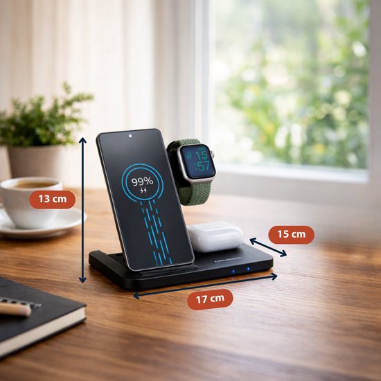 Chargeur sans fil 3-en-1 Grundig – Station de recharge rapide pour smartphone, montre connectée et écouteurs – Chargeur sans fil pour iPhone et Samsung – Chargeur sans fil – Design pliable