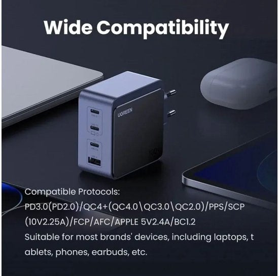 Ugreen Nexode S 100 W, chargeur rapide GaN à 4 ports, version UE, gris – Ordinateur portable, téléphone portable, ordinateur portable, batterie externe, tablette – Gris, alimentation CA, pour usage intérieur