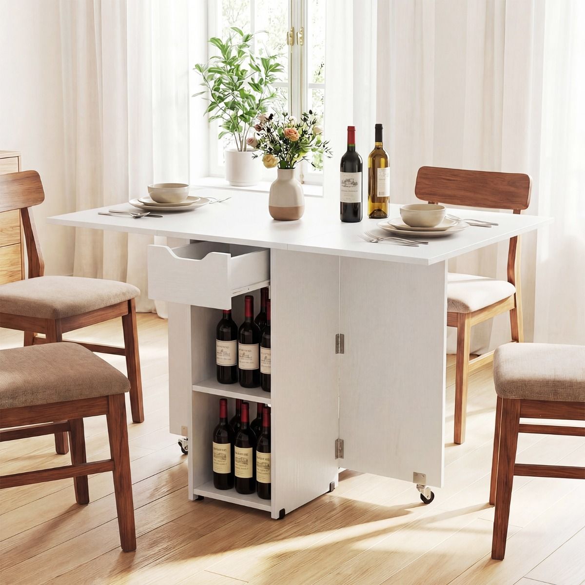 Table de cuisine pliante Coast - avec tiroir et étagères de rangement - pouvant accueillir quatre personnes - blanc/marron rustique/noir