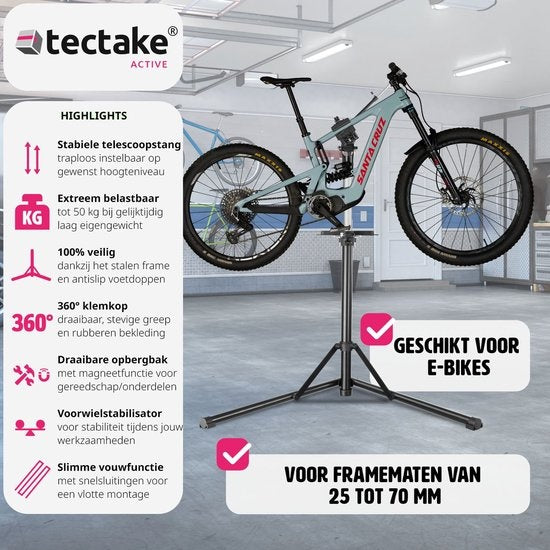 tectake® - Support de réparation de vélos Jan - support de montage pliable et réglable en hauteur - convient aux vélos électriques - 404919