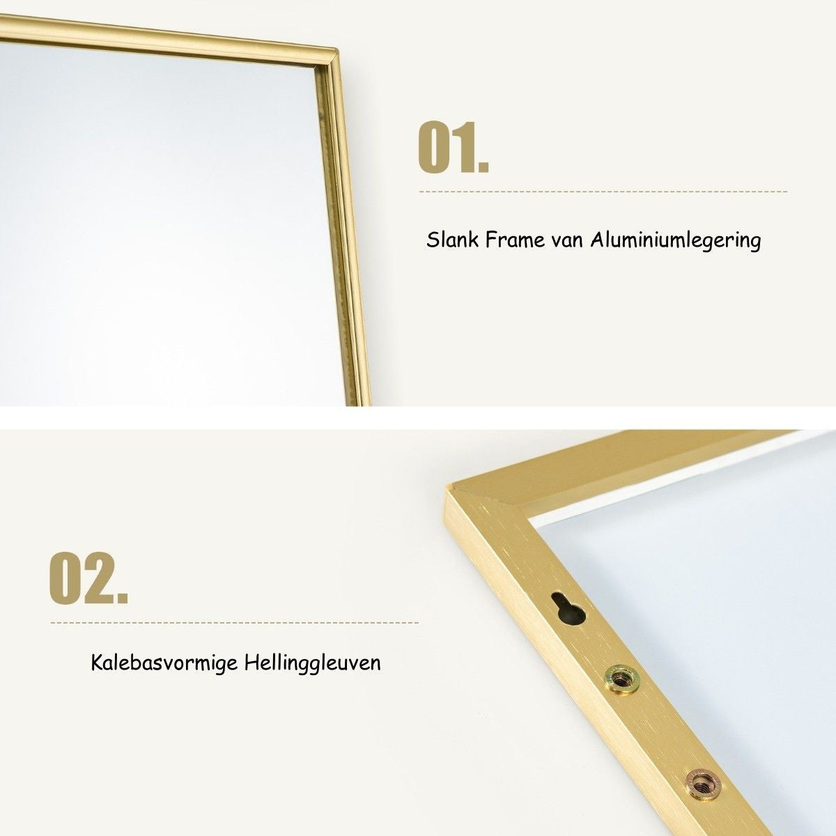 Coast 37 x 120 cm Miroir mural à hauteur d'homme avec crochets réglables en hauteur Miroir mural Golden