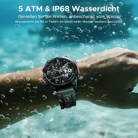 DOOGEE Anywise W1 Pro - Montre connectée de type militaire - Commande vocale par IA - 5 ATM - GPS double bande - Cartes hors ligne - 170 modes sportifs - Écran AMOLED de 1,43 pouce - Tracker d'activité - Appels entrants et sortants - Autonomie de 18 jours