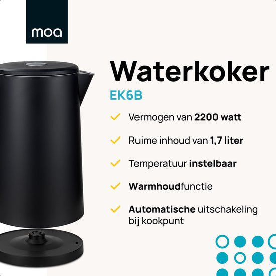 Bouilloire MOA avec contrôle de la température - 1,7 litre - Double paroi - Fonction maintien au chaud - Bouilloire électrique - 2200W - Noir