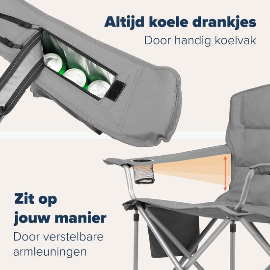 TRVLMORE Chaises de camping - Pliables - 2 pièces - Chaises pliantes - Capacité de charge de 150 kg - Porte-boissons - Compartiment réfrigérant - Poche latérale - Gris