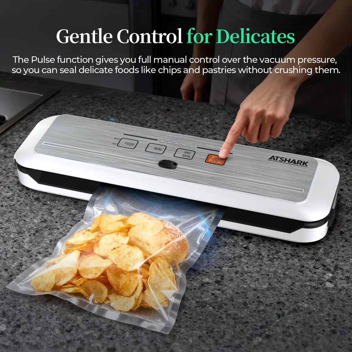 Machine sous vide ATSHARK 5-en-1 – Écran tactile haute pression, rapide et pratique, 50 sachets sous vide inclus, idéale pour la conservation des aliments à la maison, blanche, VS6621