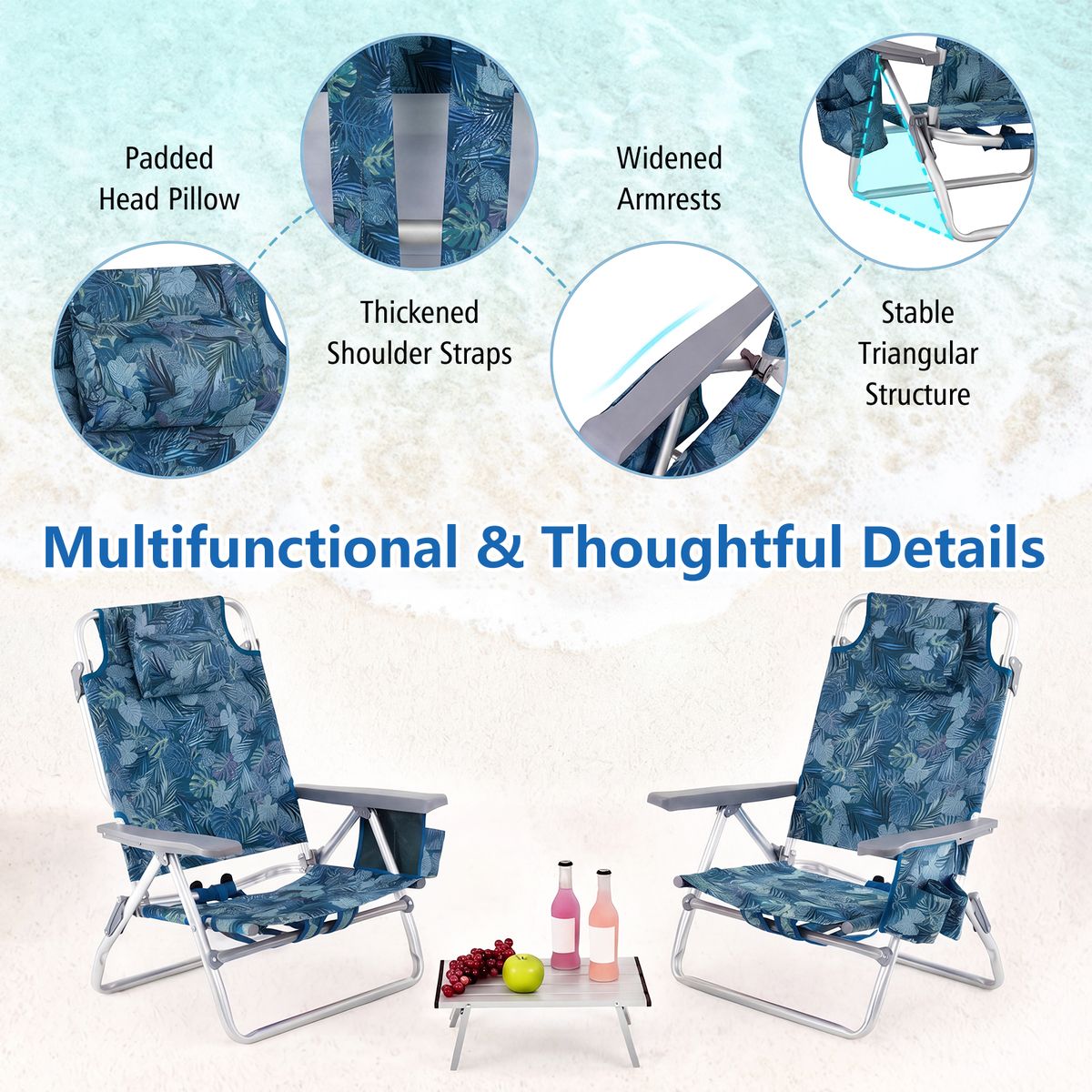 Ensemble de chaises de plage et de table Coast - Réglables sur 5 positions - Pliables - Bleu - Lot de 2 chaises de plage et d'une table