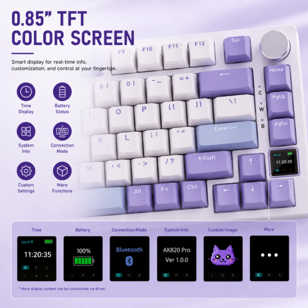 Clavier mécanique AJAZZ AK820 Pro - 75 % - QWERTY US - Tri-mode - Écran TFT - RGB - Gris - Commutateurs Sea Salt Purple