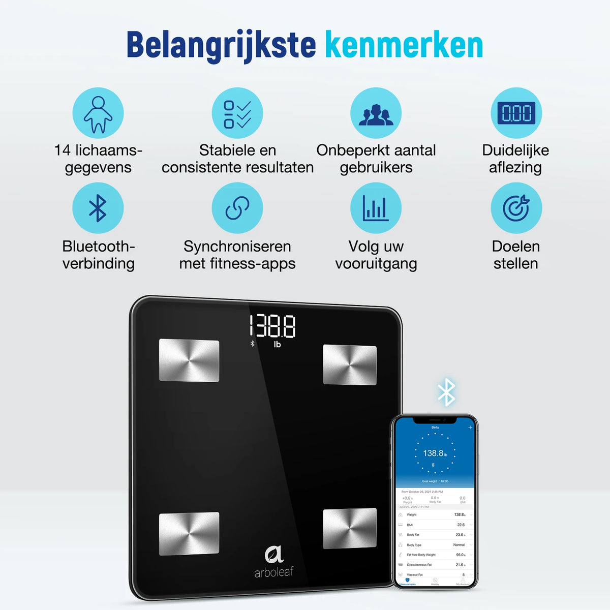 Pèse-personne intelligent Arboleaf CS20N - Bluetooth - 14 mesures corporelles - Analyse de l'IMC et de la masse musculaire - Application - Noir