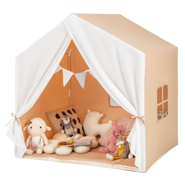 Maison de jeu pour enfants avec fenêtre et tapis Tente de jeu pour princesse avec rideau et cadre en bois Tente de jeu pour enfants (marron clair)