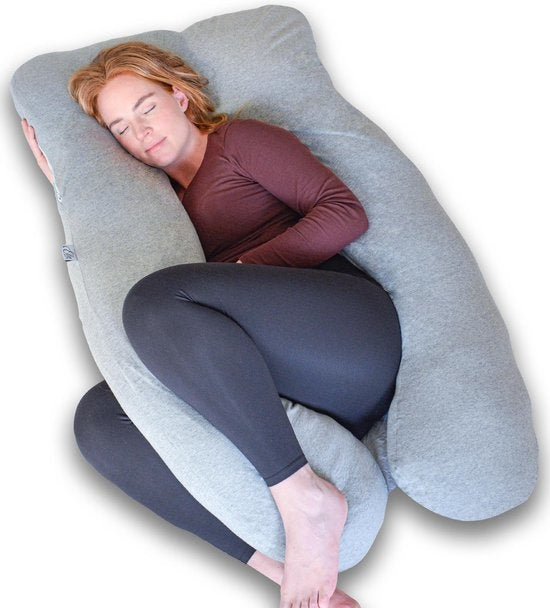Ella® Maternity Pillow XXL U-Shape - Coussin d'allaitement - Coussin de sommeil en soie - Coussin de corps - Enveloppe amovible en jersey de coton - 140x80cm - Gris clair