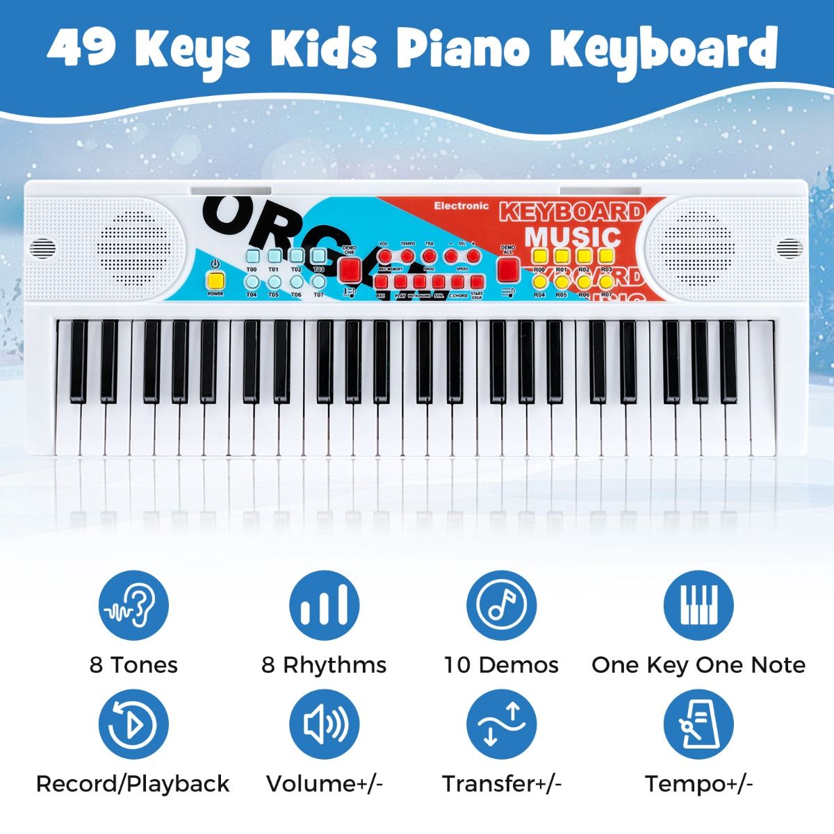 Clavier pour enfants Coast - 49 touches - clavier électrique portable - 8 rythmes - blanc