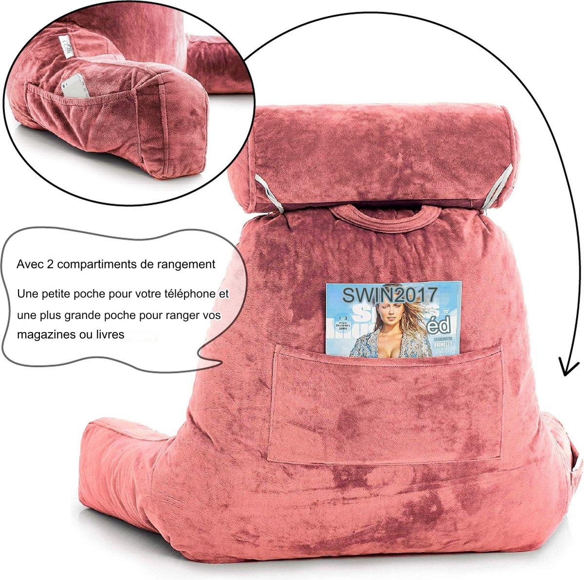 Coussin de lecture avec rouleau pour la nuque - Ella® - Coussin de relaxation - Coussin de siège - Soutien du bas du dos - Coussin de lecture paresseux - Velours rose corail