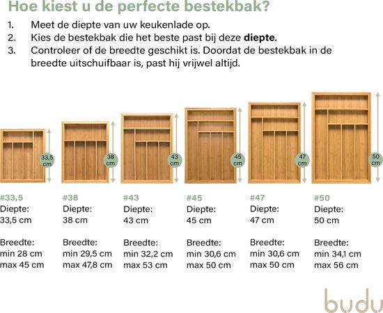 Budu Range-couverts extensible en bambou #50 (50 cm de profondeur) - Cassette à couverts en bois - Tiroir à couverts - 50 x 34.1 - 56 cm - 6/8 compartiments