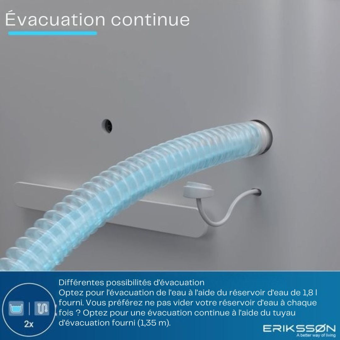 Déshumidificateur Erikssøn Dry Pro Plus - 16 L/jour - Fonction Lavage-Séchage - Pour chambre à coucher, salle de bain, salon et sous-sol - Blanc