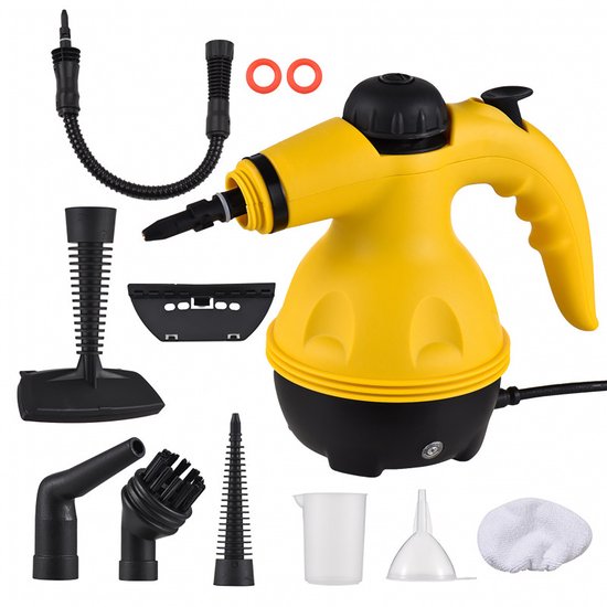 Nettoyeurs vapeur portatifs Fuegobird A001 - Nettoyeur vapeur portable 1 000 W - Détachant - Nettoyeur de tapis - 9 embouts - Sols, canapés, tapis, salle de bains et cuisine - Réservoir de 450 ml - Jaune