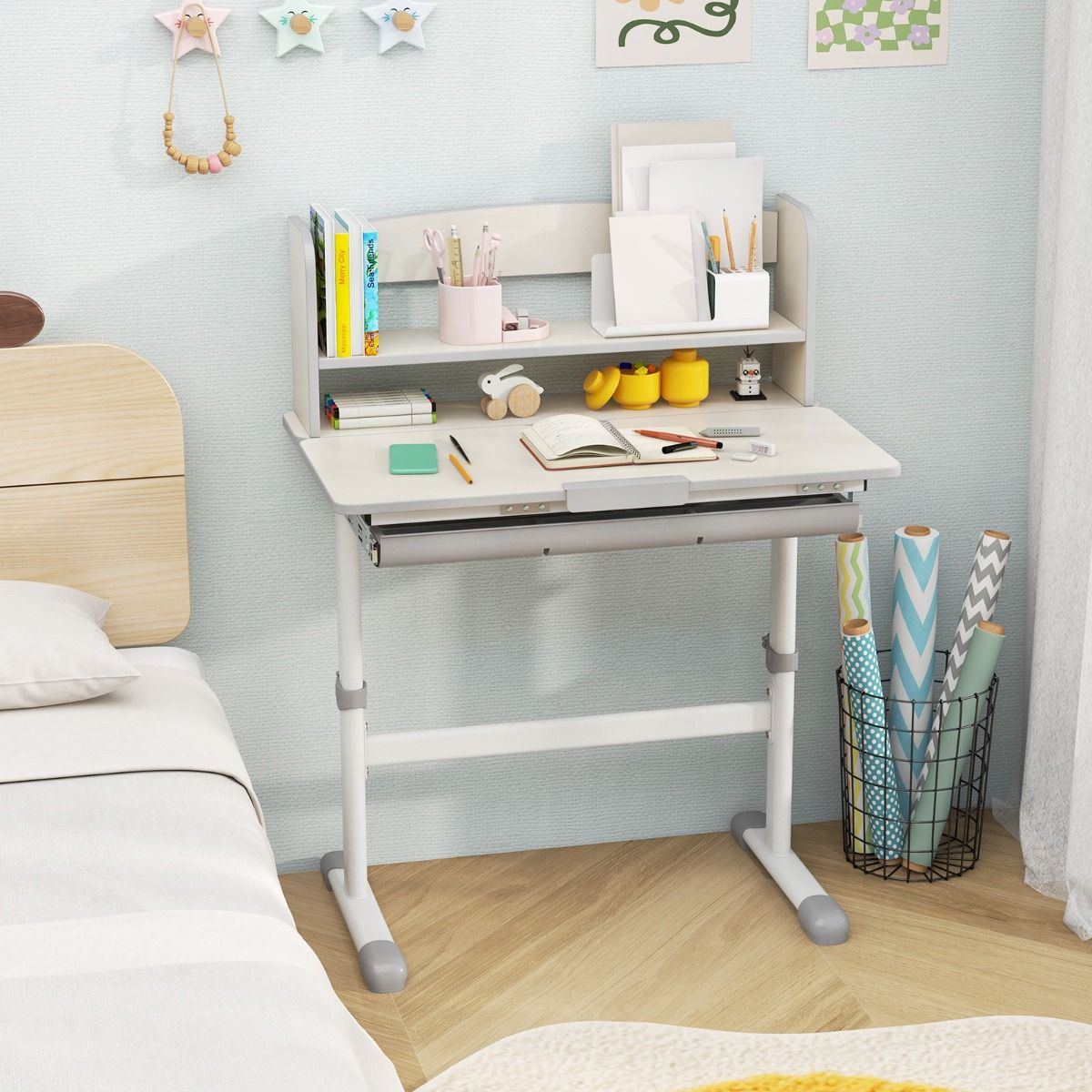 Bureau pour enfant Coast - Réglable en hauteur - Plateau inclinable - Avec tiroir et compartiment de rangement - 80 x 51 x 81,5-104 cm - Rose