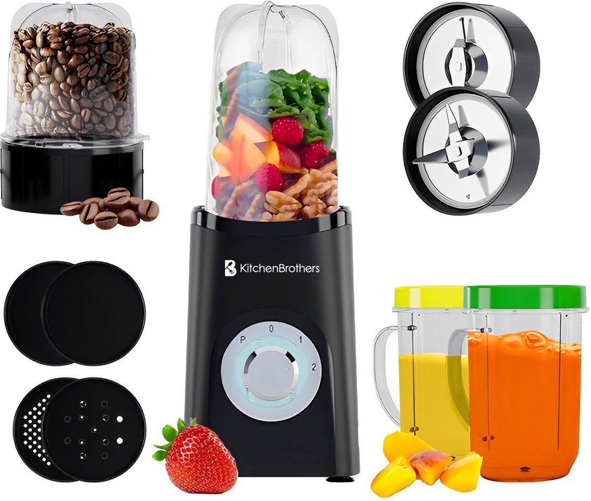 Blender - KitchenBrothers - 2-en-1 - 350 W - 4 tasses 600 ml/300 ml - Smoothie  - Mini Blender - Noir