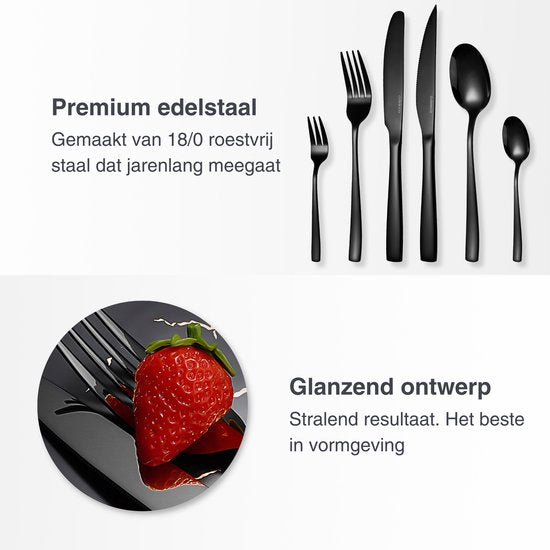 Deleca 8 Person Cutlery Set Essential (48 pieces) - Spoons, Knives, Forks, Steak Knives & Pastry Forks - Dishher Safe Cutlery - Shiny Black / Stainless Steel