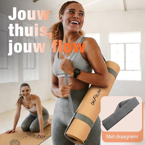 Tapis de yoga en liège DH FitLife - Mandala Harmony - 183 x 61 cm - 6 mm - Avec sangle de transport