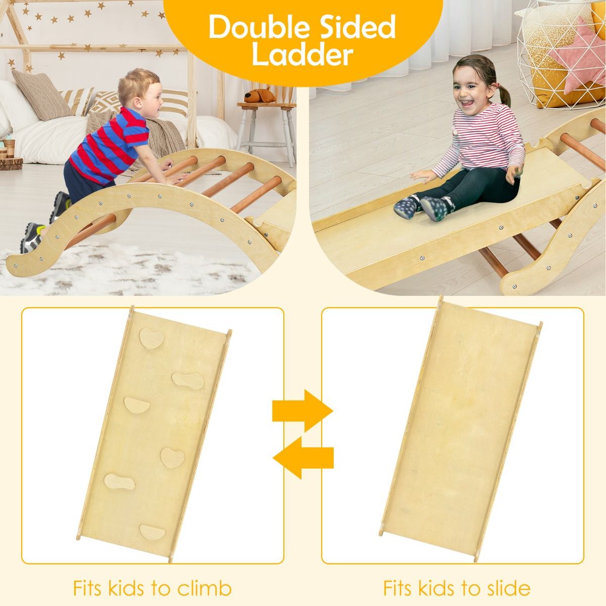 Ensemble d'échelle d'escalade 3-en-1 Coast pour enfants - Arche avec rampe d'escalade et balancelle - naturel + bleu