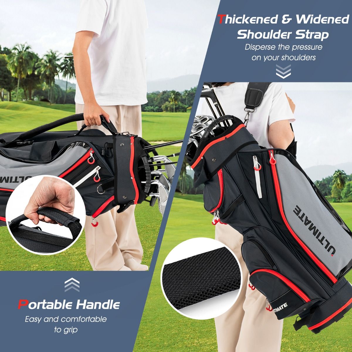 Sac de golf Coast avec housse de pluie - 14 compartiments - léger - rouge et noir