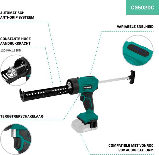 VONROC Battery Kit Sprayer 20V - force de poussée 1.18kN/120kg - système anti-goutte - contrôle de vitesse variable - convient à toutes les cartouches de kit courantes - Sans batterie ni chargeur rapide