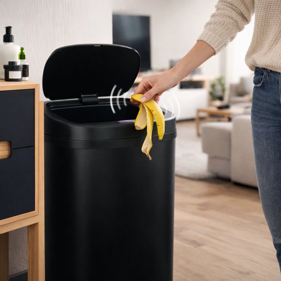 Poubelle Bayt - Poubelle de 50 litres - Poubelle à capteur - Poubelle - Bac à déchets - Métal - Noir