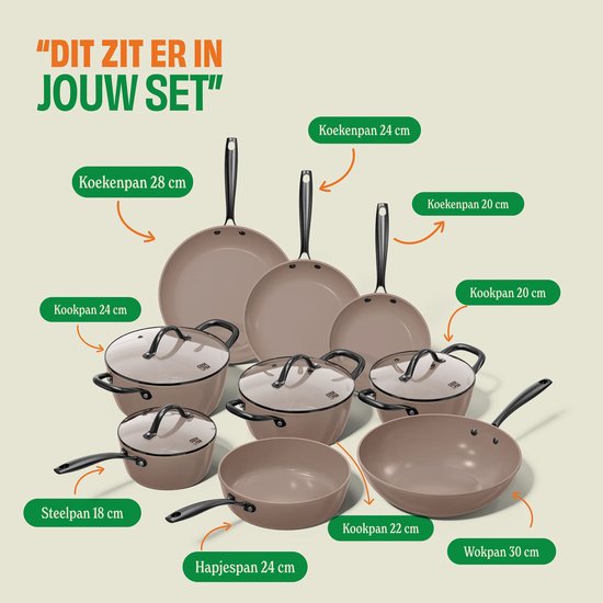 Batterie de cuisine Cook & Pan 9 pièces, couleur Taupe ou Mind - Sans PFAS - Compatible avec toutes les sources de chaleur - Batterie de cuisine garantie 7 ans - Revêtement antiadhésif résistant aux rayures - Lavable au lave-vaisselle - Gaz, induction, él
