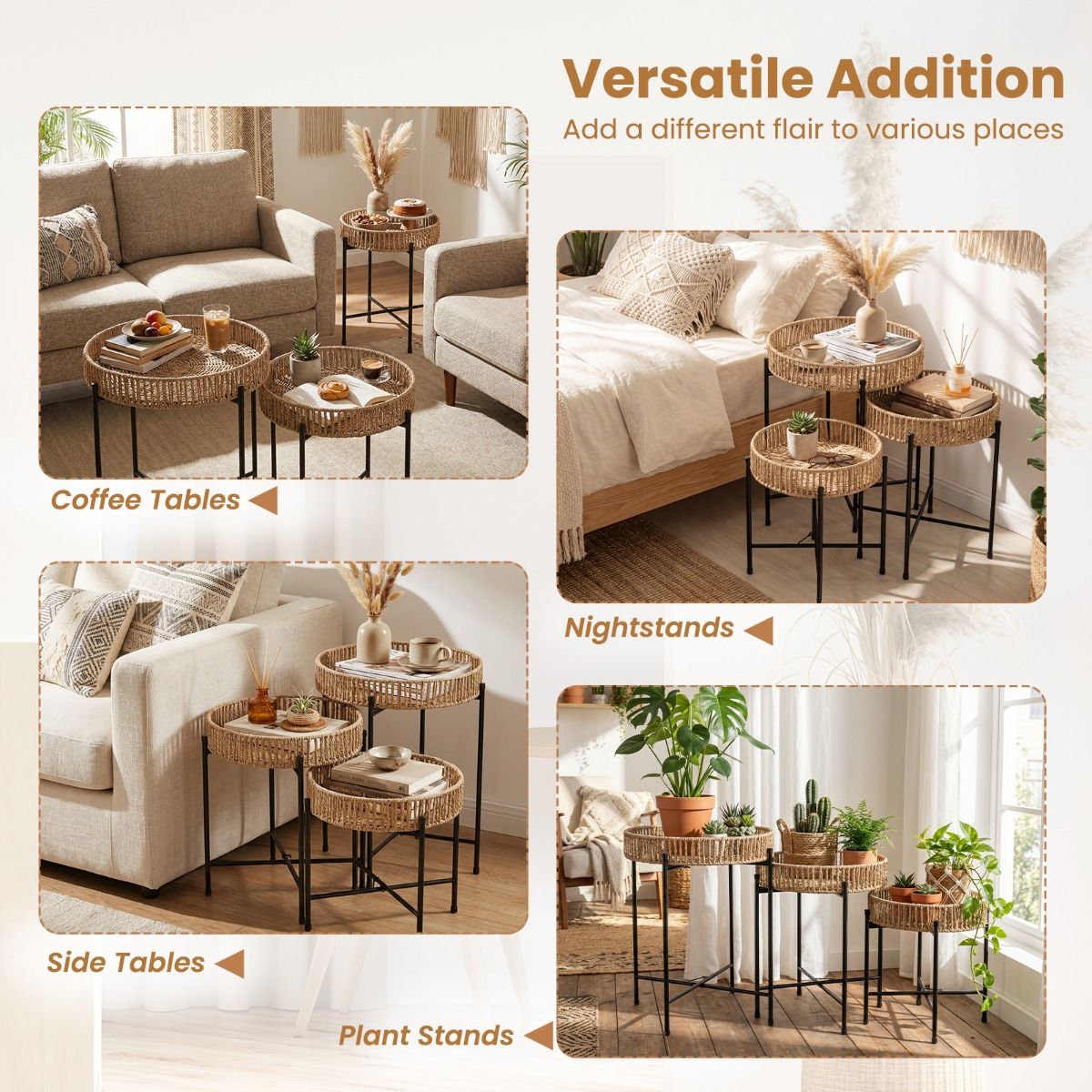 Ensemble de tables d'appoint rondes Coast - tressage bohème fait main - pieds en métal - couleur naturelle - lot de 3