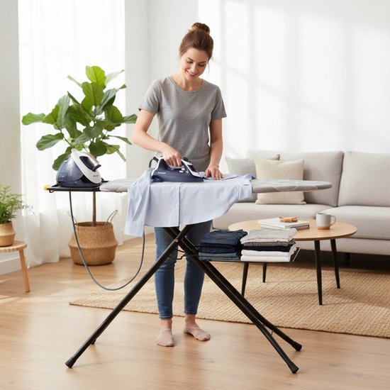 Table à repasser STAUS&BACH X - pour générateur de vapeur - 122 x 43,5 cm - Avec planche à repasser les manches et support pliable - Réglable en hauteur de 76 à 96 cm - Avec support pour générateur de vapeur et fer à repasser à vapeur - Gris foncé - Ironi