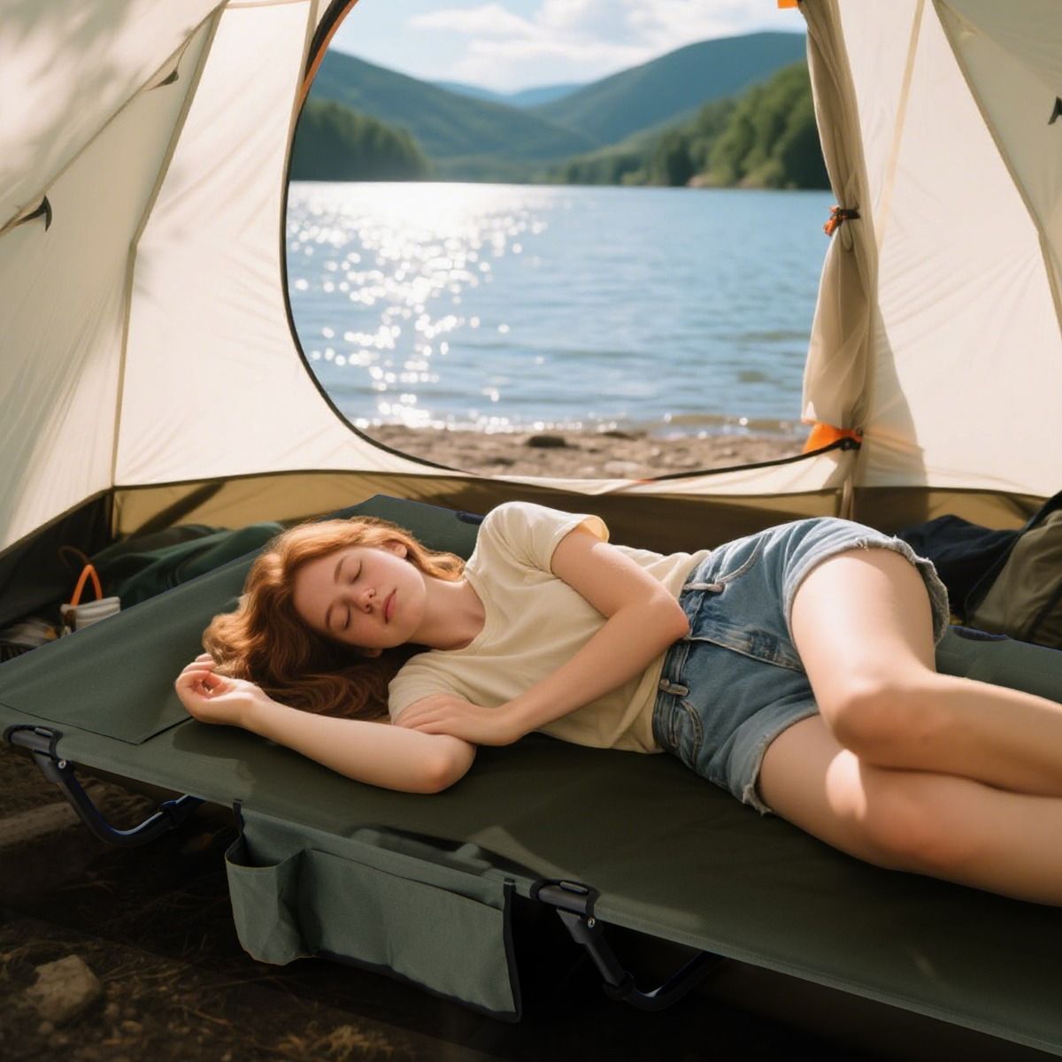 Lit de camping pliable Coast - ultra-léger - avec poche latérale et compartiment pour oreiller - vert