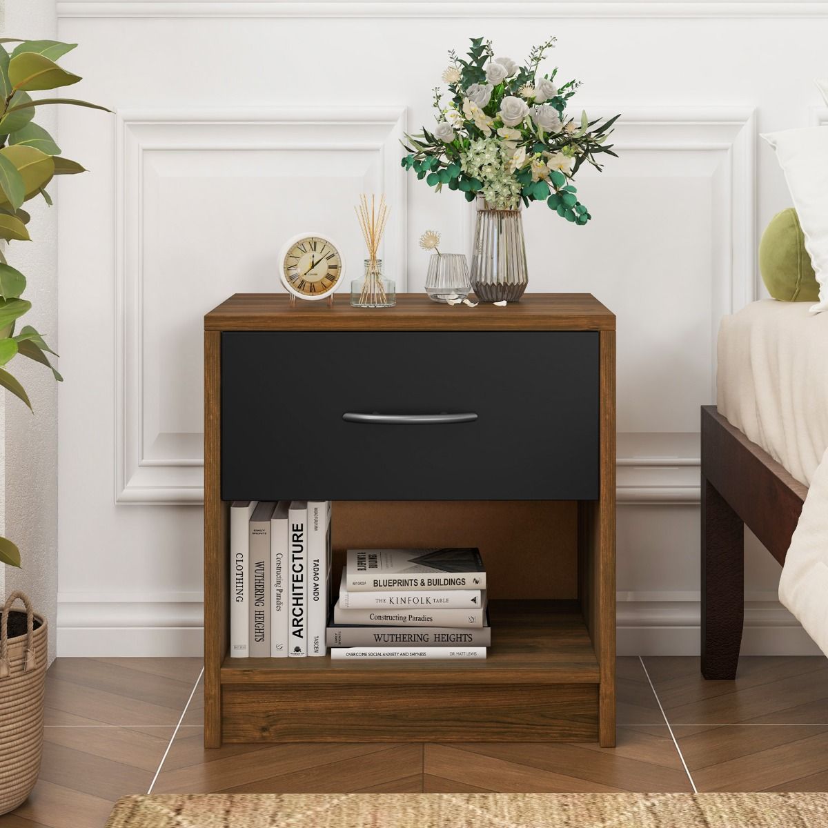 Table de chevet Coast - avec tiroir et étagère ouverte - design compact - marron et noir - 38,5 x 28 x 40,5 cm