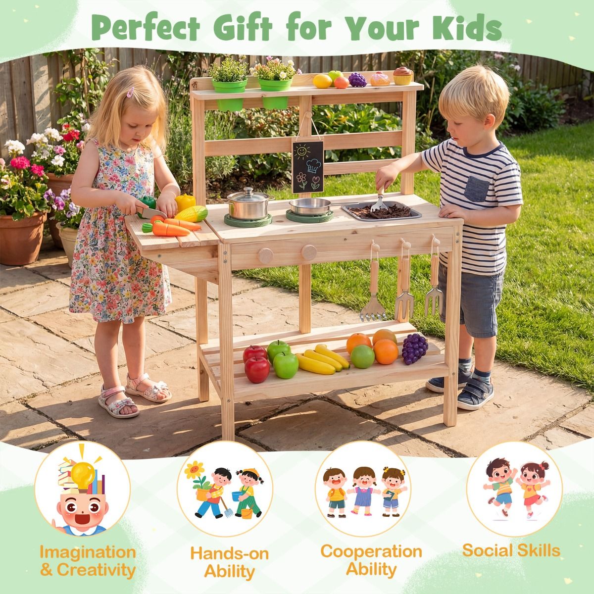 Cuisine jouet en bois Coast pour enfants - avec cuisinière et évier - tableau noir et pots de fleurs - couleur naturelle