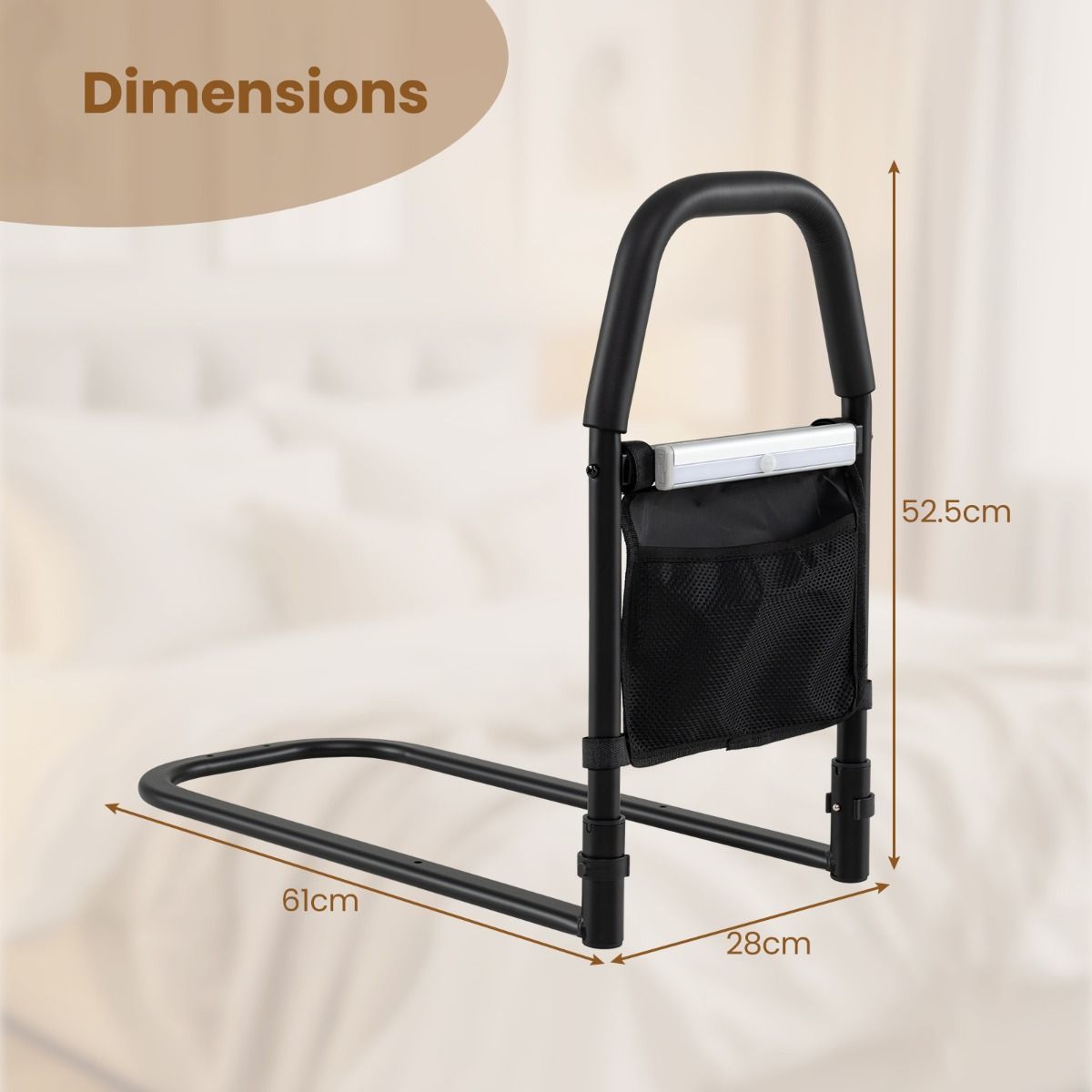 Barrière de lit Coast avec poignée de sécurité - Veilleuse LED avec détecteur de mouvement - Compartiment de rangement - Noir