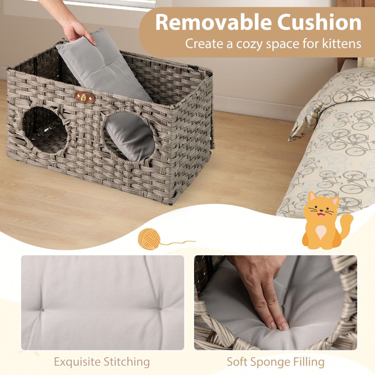 Coast Maison pour chat en osier - panier pliable pour chat - coussin amovible - couvercle verrouillable - 60 x 35 x 35 cm